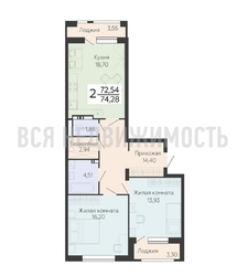 2-комнатная квартира, 74.28кв.м 2-комнатная квартира, 74.28кв.м - изображение 1