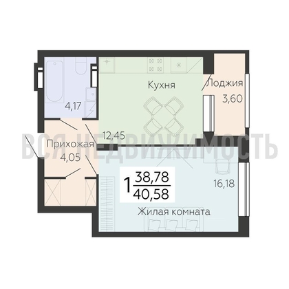 1-комнатная квартира, 40.58кв.м - изображение