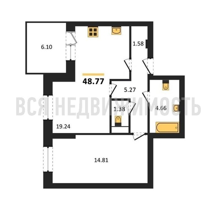 1-комнатная квартира, 48.77кв.м - изображение