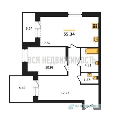 2-комнатная квартира, 55.34кв.м - изображение