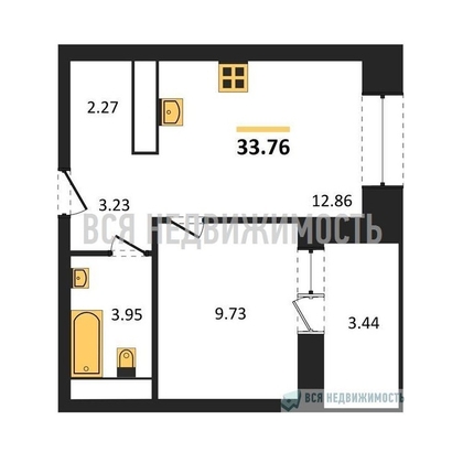 1-комнатная квартира, 33.76кв.м - изображение