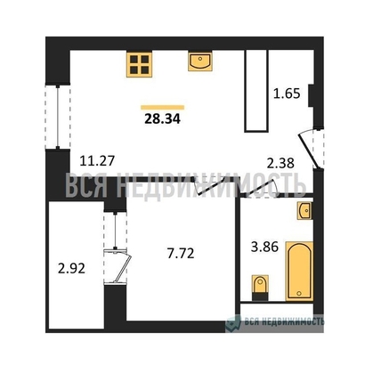 1-комнатная квартира, 28.34кв.м - изображение