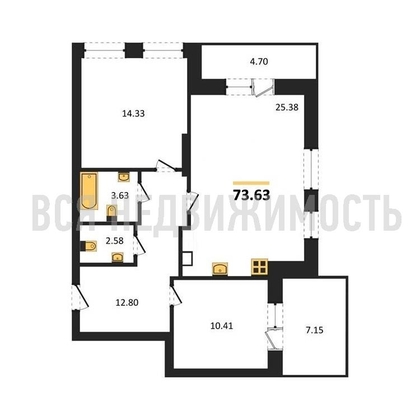 2-комнатная квартира, 73.63кв.м - изображение