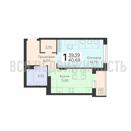 1-комнатная квартира, 40.69кв.м - изображение