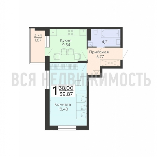 1-комнатная квартира, 39.87кв.м - изображение 0