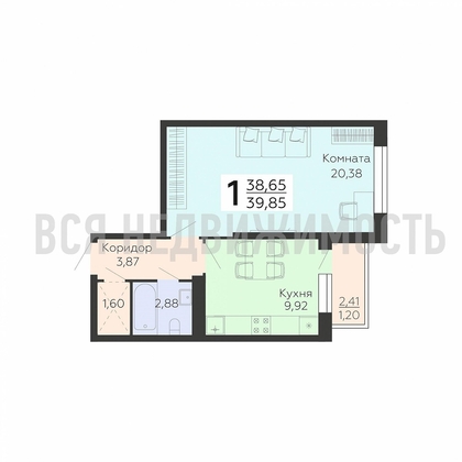 1-комнатная квартира, 39.85кв.м - изображение