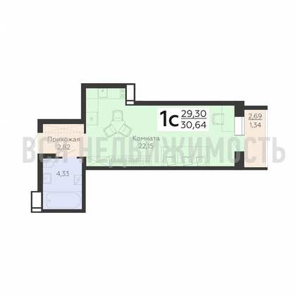 квартира-студия, 30,64кв.м. - изображение