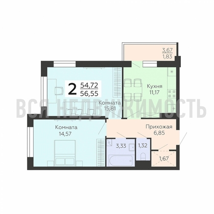 2-комнатная квартира, 56.55кв.м - изображение