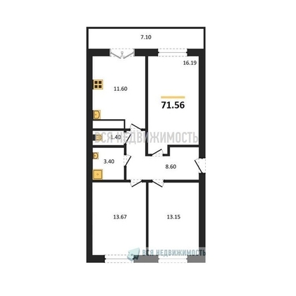 3-комнатная квартира, 71.56кв.м - изображение