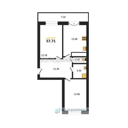 2-комнатная квартира, 57.71кв.м - изображение