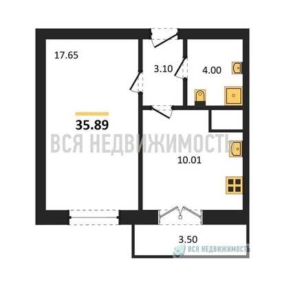 1-комнатная квартира, 35.89кв.м - изображение