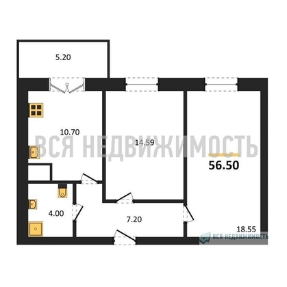 2-комнатная квартира, 56.5кв.м - изображение