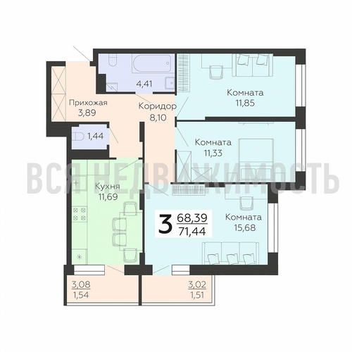 3-комнатная квартира, 71.44кв.м - изображение 0