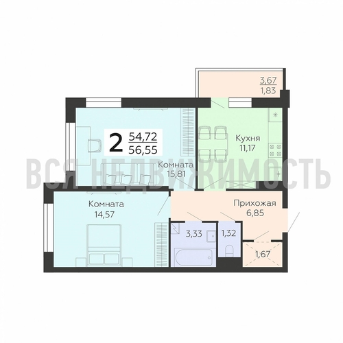 2-комнатная квартира, 56.55кв.м - изображение 0