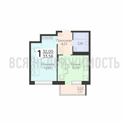 1-комнатная квартира, 33.56кв.м - изображение