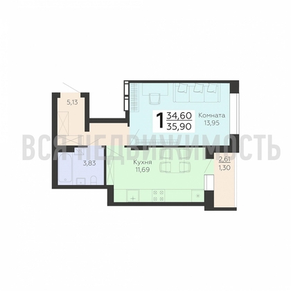 1-комнатная квартира, 35.9кв.м - изображение