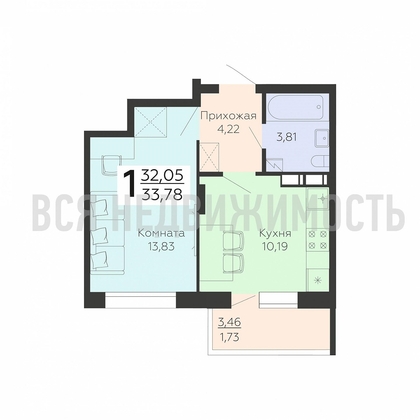 1-комнатная квартира, 33.78кв.м - изображение