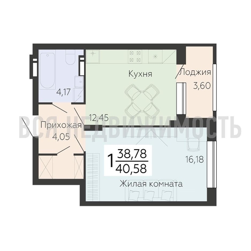 1-комнатная квартира, 40.58кв.м - изображение 0