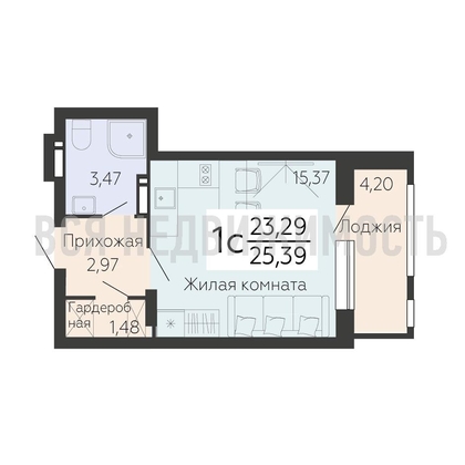 квартира-студия, 25,39кв.м. - изображение