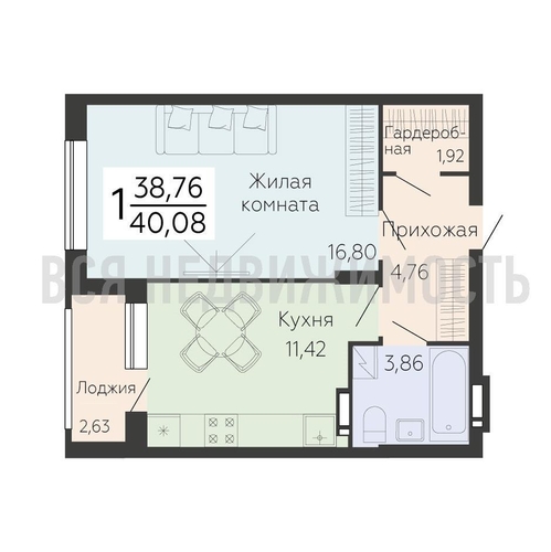 1-комнатная квартира, 40.08кв.м - изображение 0