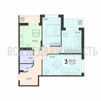 3-комнатная квартира, 72.04кв.м - изображение