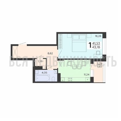1-комнатная квартира, 43.18кв.м - изображение