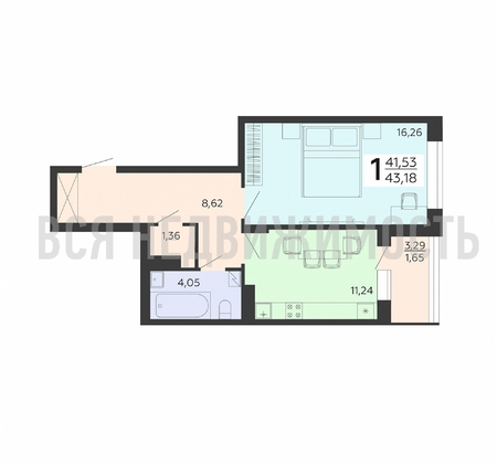 1-комнатная квартира, 43.18кв.м - изображение
