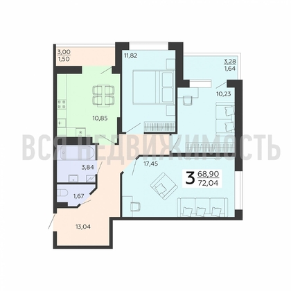 3-комнатная квартира, 72.04кв.м - изображение