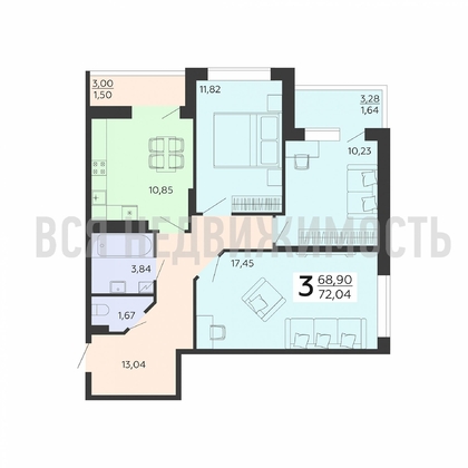 3-комнатная квартира, 72.04кв.м - изображение