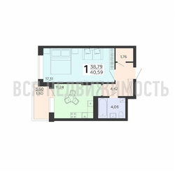 1-комнатная квартира, 40.59кв.м - изображение 1