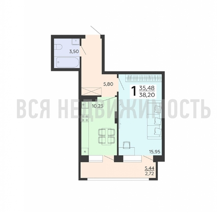 1-комнатная квартира, 38.2кв.м - изображение