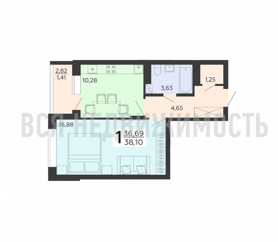 1-комнатная квартира, 38.1кв.м - изображение 0