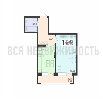 1-комнатная квартира, 38.2кв.м - изображение