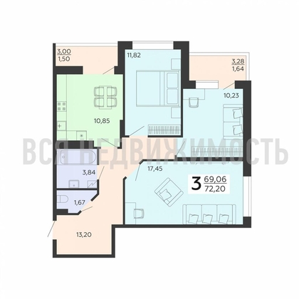 3-комнатная квартира, 72.2кв.м - изображение