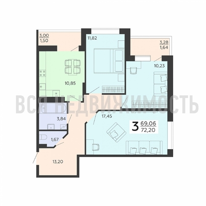 3-комнатная квартира, 72.2кв.м - изображение