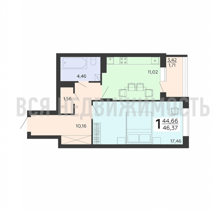 1-комнатная квартира, 46.37кв.м - изображение