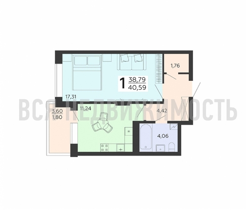 1-комнатная квартира, 40.59кв.м - изображение