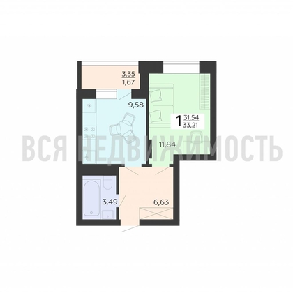 1-комнатная квартира, 33.21кв.м - изображение