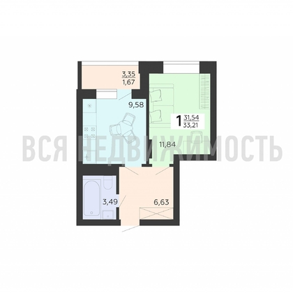 1-комнатная квартира, 33.21кв.м - изображение