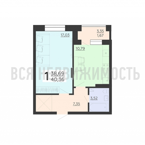 1-комнатная квартира, 40.36кв.м - изображение 0