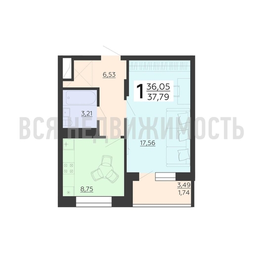 1-комнатная квартира, 37.79кв.м - изображение 0