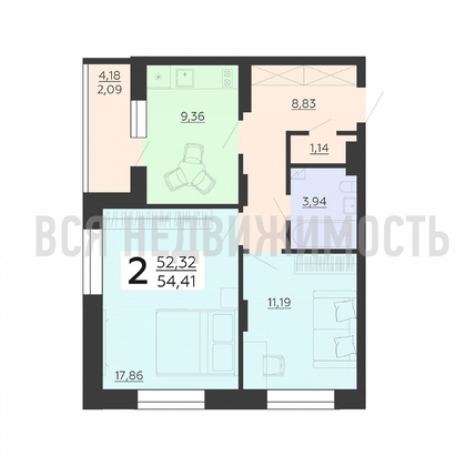 2-комнатная квартира, 54.41кв.м - изображение