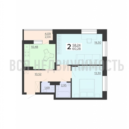 2-комнатная квартира, 60.28кв.м - изображение