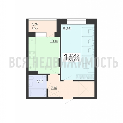 1-комнатная квартира, 39.09кв.м - изображение