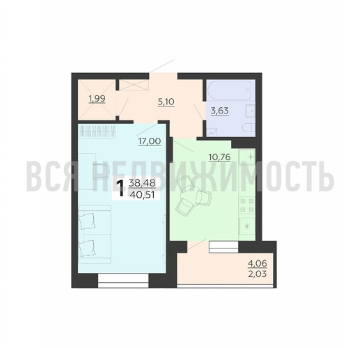 1-комнатная квартира, 40.51кв.м - изображение 0
