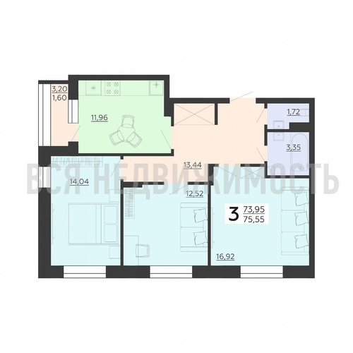 3-комнатная квартира, 75.55кв.м - изображение 0