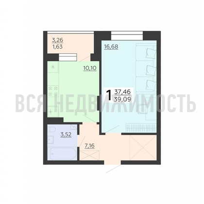 1-комнатная квартира, 39.09кв.м - изображение