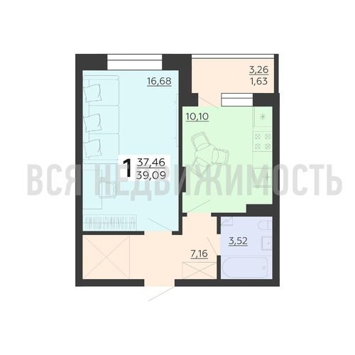 1-комнатная квартира, 39.09кв.м - изображение 0