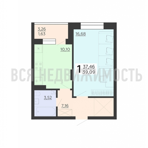 1-комнатная квартира, 39.09кв.м - изображение 0