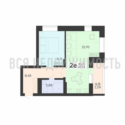 1-комнатная квартира, 47.24кв.м - изображение